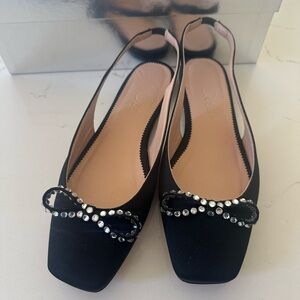 J. Crew Black Slingback Flats with Rhinestone Bow, 7.5
